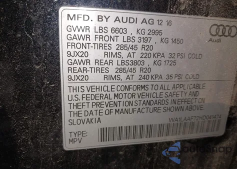 2017 Audi Q7 3.0T Premium из США, поврежденный, VIN WA1LAAF72HD041474